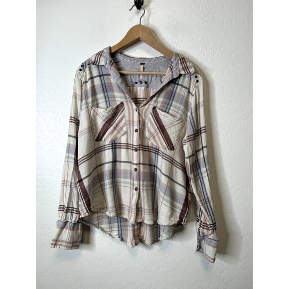 Free People Tops - Free People Shirt Womens Small Revolve Wesley Ivory Western Plaid Button Linen
